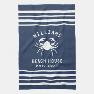 Navy Blue And White Beach House Family Name Crab Kitchen Towel