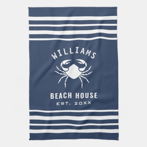 Navy Blue And White Beach House Family Name Crab Kitchen Towel