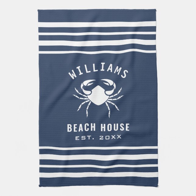 Navy Blue And White Beach House Family Name Crab Kitchen Towel (Vertical)
