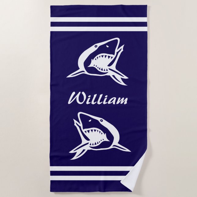 Navy blue and white beach towel with shark logo (Front)