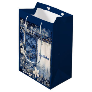 Navy Blue and White Beautiful Christmas Floral Medium Gift Bag
