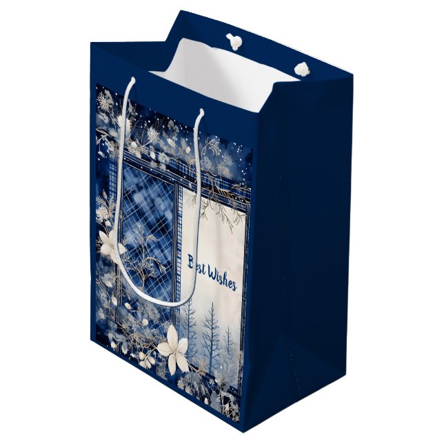 Navy Blue and White Beautiful Christmas Floral Medium Gift Bag (Front Angled)