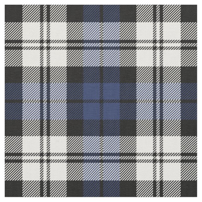 Navy Blue and White Black Watch Tartan Plaid Fabric (Close Up)