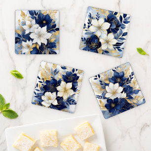 Navy Blue and White Botanical Flower Coaster Set