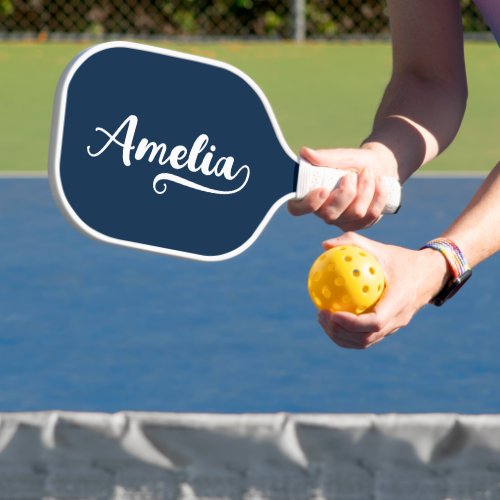 Navy Blue and White Brush Script Name Ends with A Pickleball Paddle