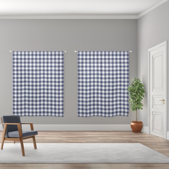 Navy Blue and White Buffalo Plaid Pattern Sheer Curtains (Wide)