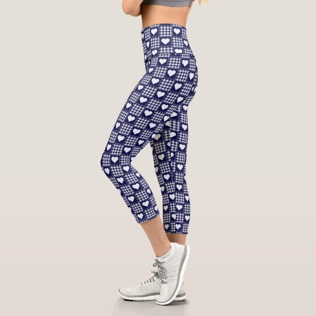 Navy Blue and White Buffalo Plaid with Hearts Capri Leggings (Left)