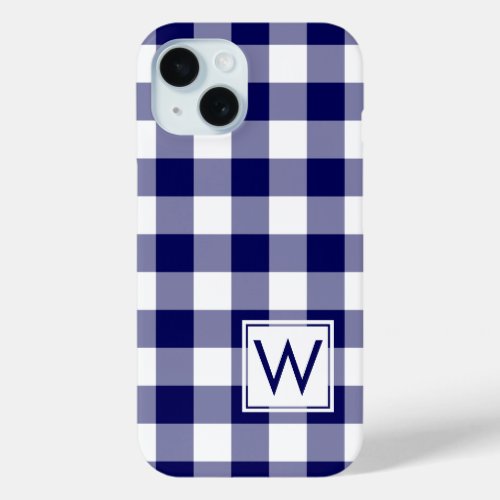 Navy Blue and White Buffalo Plaid with Monogram iPhone 15 Case