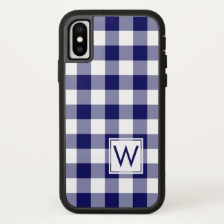 Navy Blue and White Buffalo Plaid with Monogram iPhone X Case