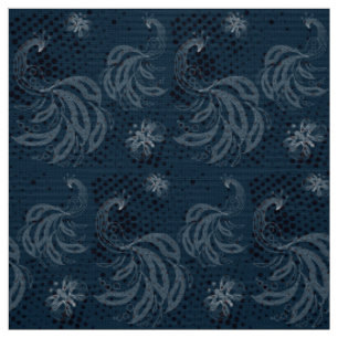 Navy blue and white butterfly,peacocks pattern fabric