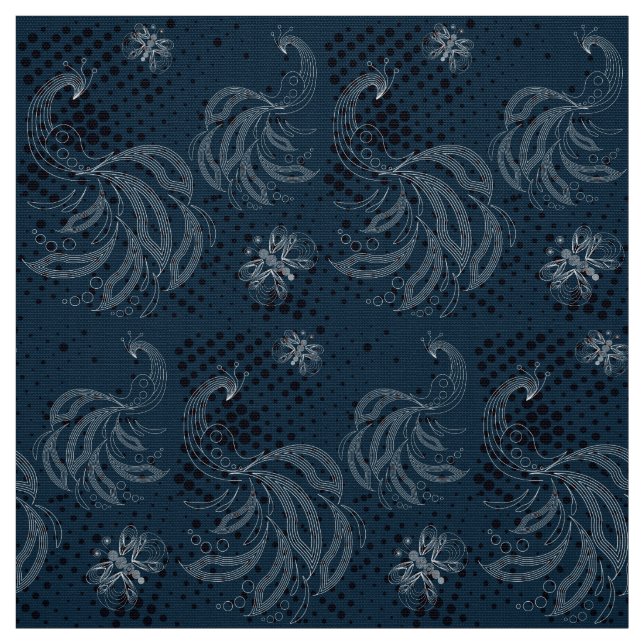 Navy blue and white butterfly,peacocks pattern fabric (Swatch)