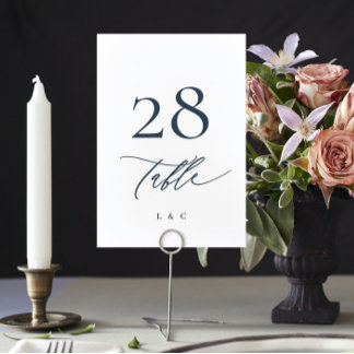 Navy Blue and White Calligraphy Modern Wedding Table Number