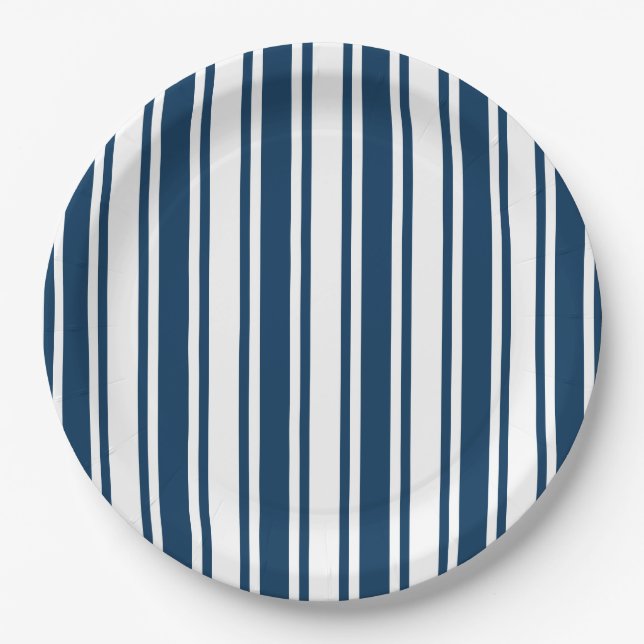 Navy blue and white candy stripes paper plates (Front)