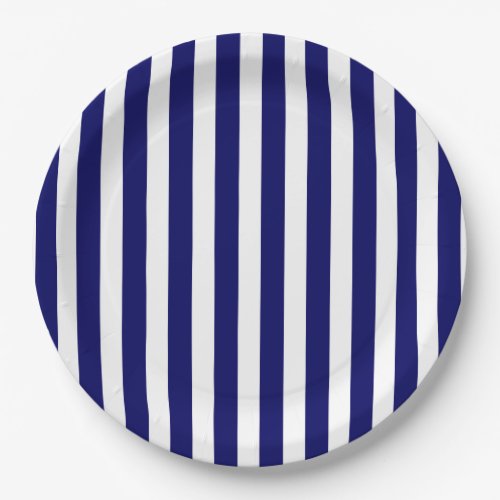 Navy blue and white candy stripes paper plates