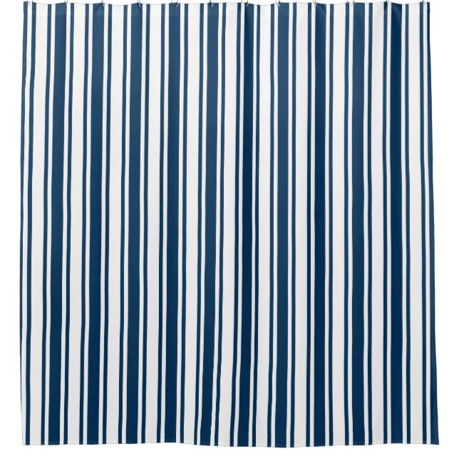 Navy blue and white candy stripes shower curtain (Front)