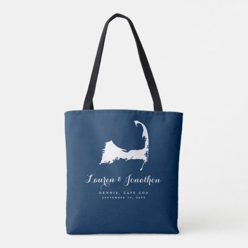 Navy Blue and White Cape Cod Map Wedding Gift Tote Bag