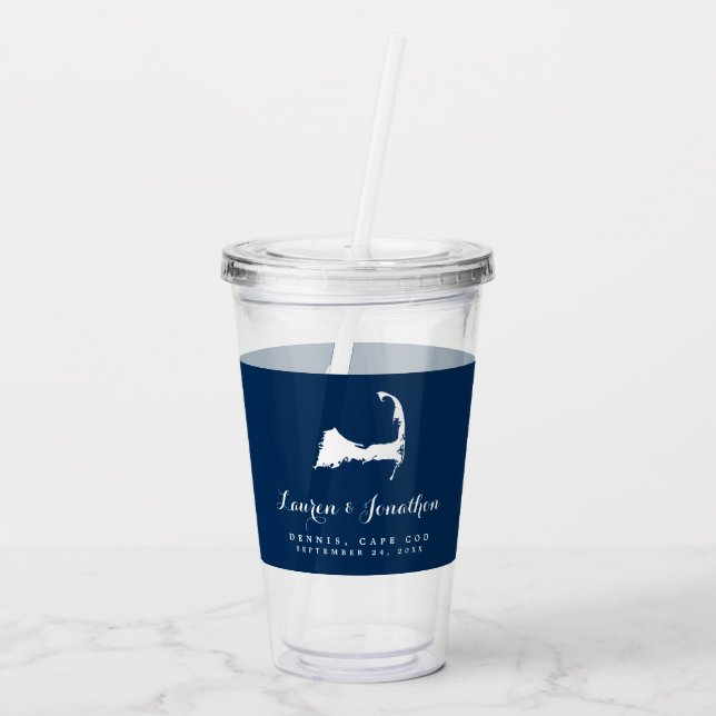 Navy Blue and White Cape Cod Map Wedding Guest Acrylic Tumbler (Back)