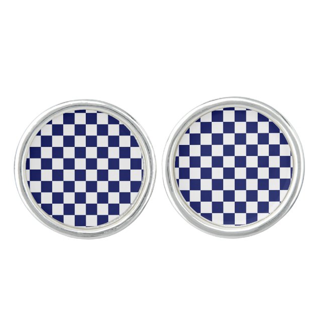Navy Blue and White Checker Pattern Cufflinks (Front)