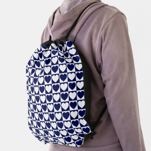 Navy Blue and White Checkerboard Heart Pattern Drawstring Bag
