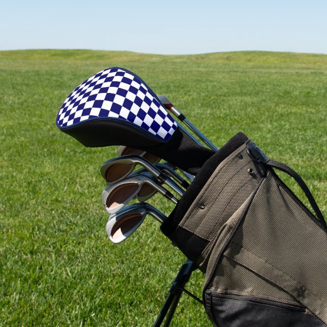 Navy Blue and White Checkerboard Pattern Golf Head Cover (In Situ)