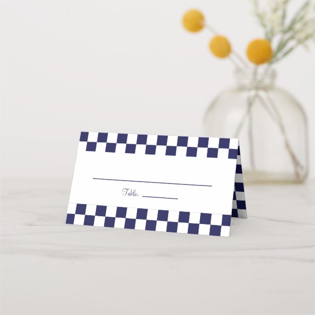 Navy Blue and White Checkerboard Place Card (Front)