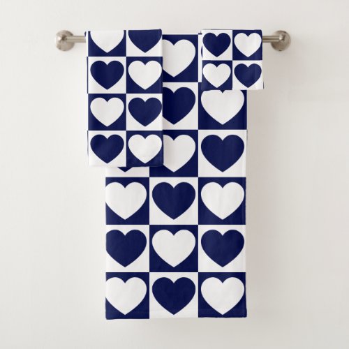 Navy Blue and White Checkered Pattern With Hearts Bath Towel Set