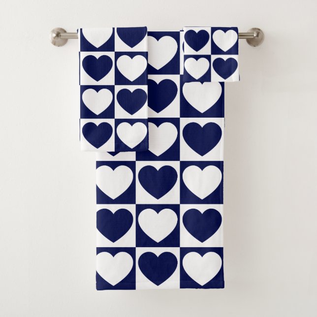 Navy Blue and White Checkered Pattern With Hearts Bath Towel Set (Insitu)