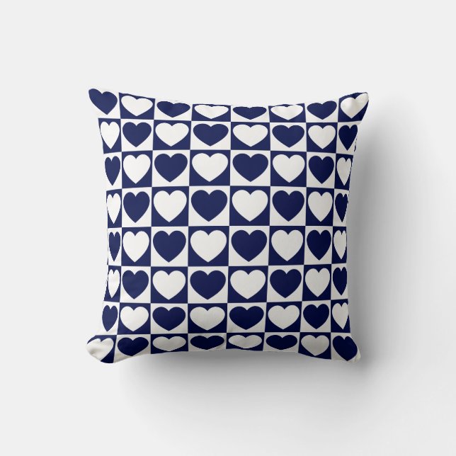 Navy Blue and White Checkered Pattern With Hearts Throw Pillow (Front)
