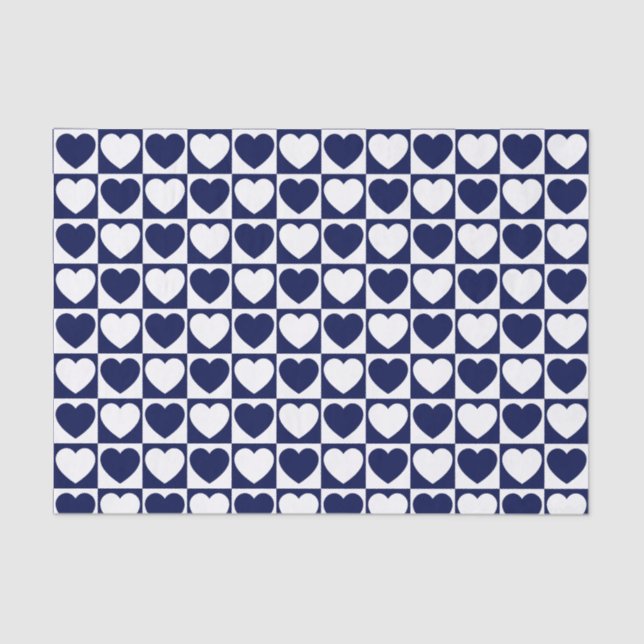 Navy Blue and White Checkered Pattern With Hearts Tissue Paper (Front)