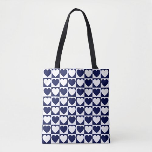 Navy Blue and White Checkered Pattern With Hearts Tote Bag