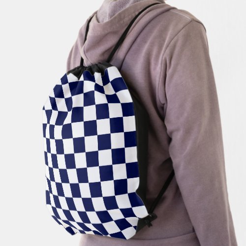 Navy Blue and White Checks Drawstring Bag