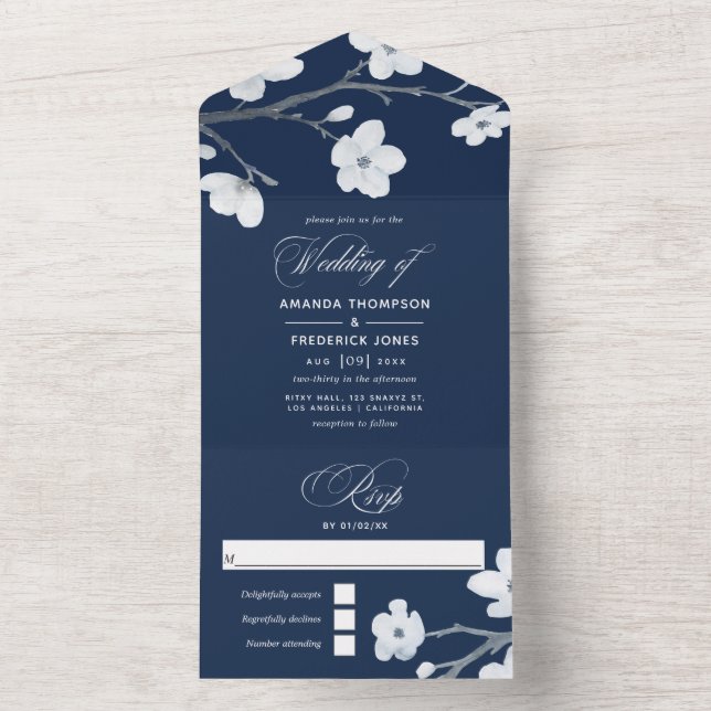 Navy Blue and White Cherry Blossoms Wedding All In All In One Invitation (Inside)