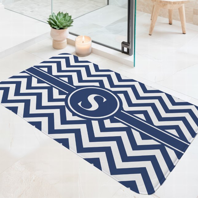Navy Blue And White Chevron Monogram Bath Mat (Creator Uploaded)