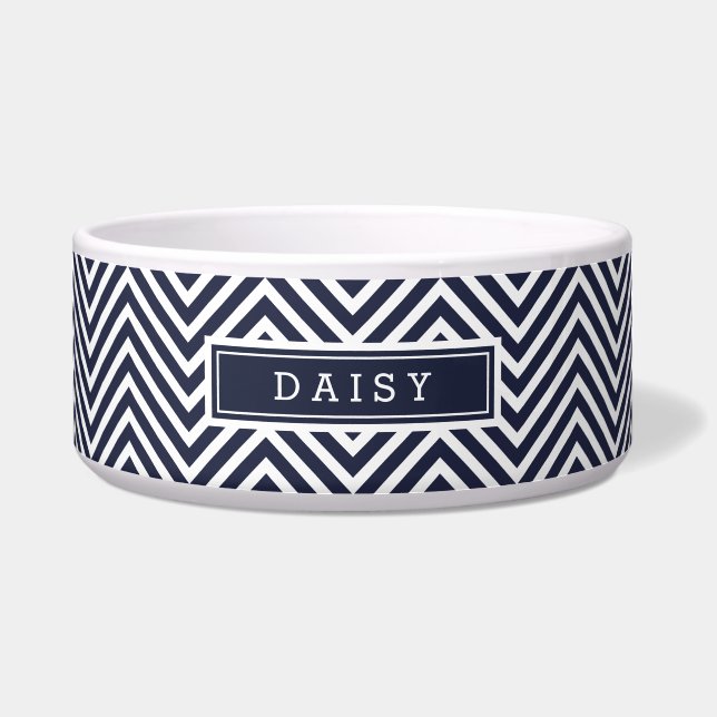 Navy Blue and White Chevron Monogram Bowl (Front)
