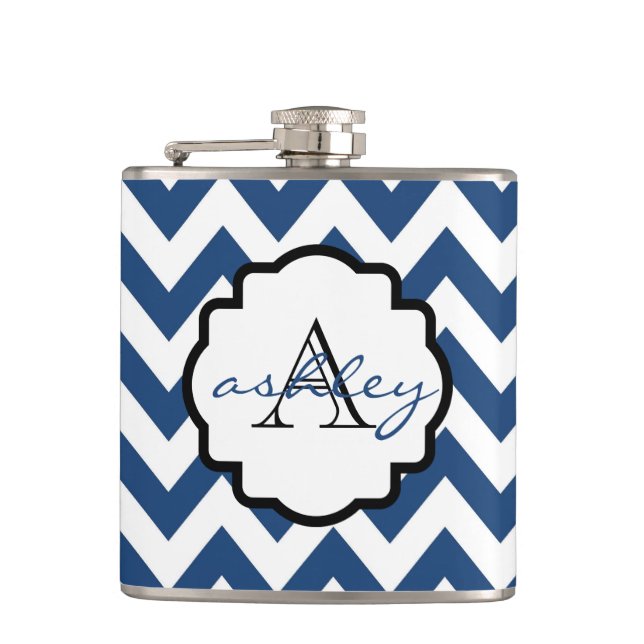 Navy Blue and White Chevron Monogram Flask (Front)