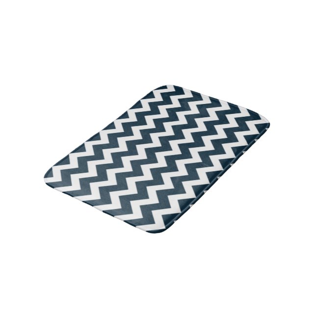 Navy Blue And White Chevron Pattern Bathroom Mat (Angled)