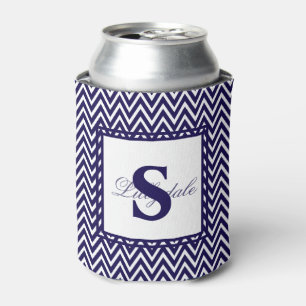 Navy Blue and White Chevron Stripe Can Cooler