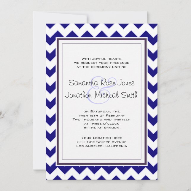 Navy Blue and White Chevron Wedding Invitation (Front)