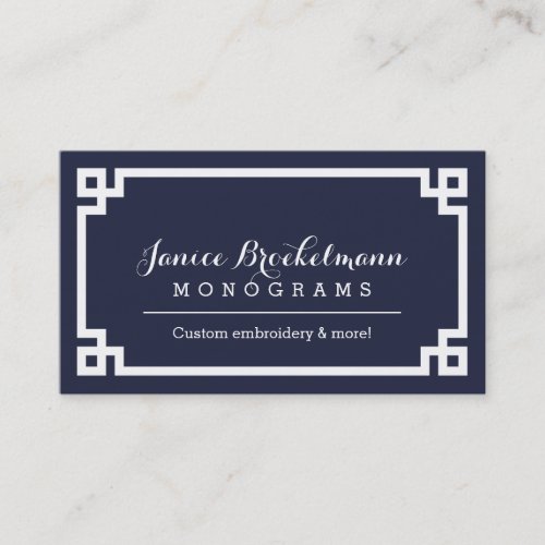 Navy Blue and White Chic Greek Key Border Business Card