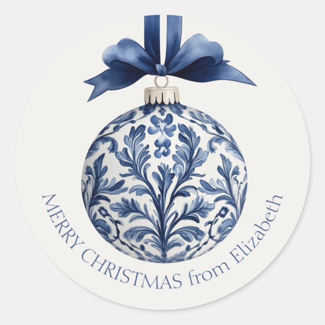Navy Blue and White Chinoiserie Christmas Ornament Classic Round Sticker (Front)