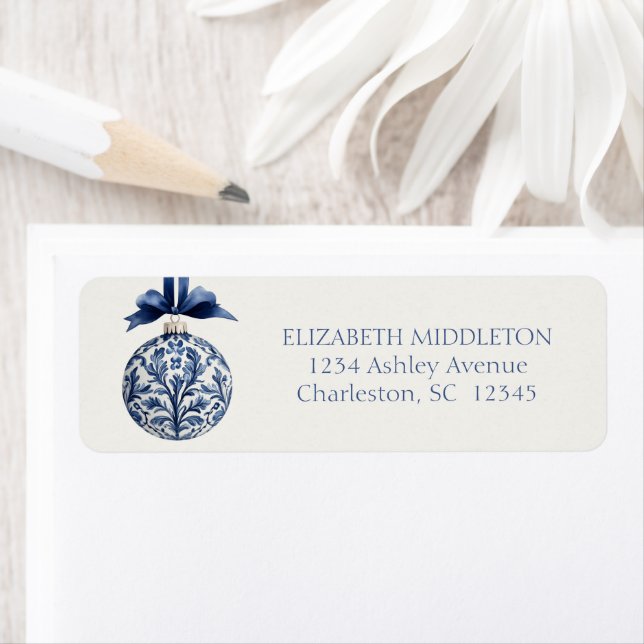 Navy Blue and White Chinoiserie Christmas Ornament Label (Insitu)