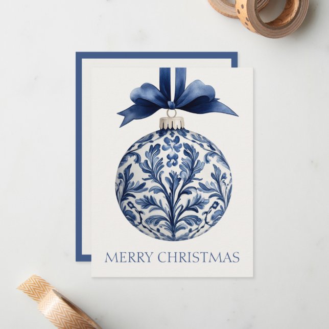 Navy Blue and White Chinoiserie Christmas Ornament Note Card (Front/Back In Situ)