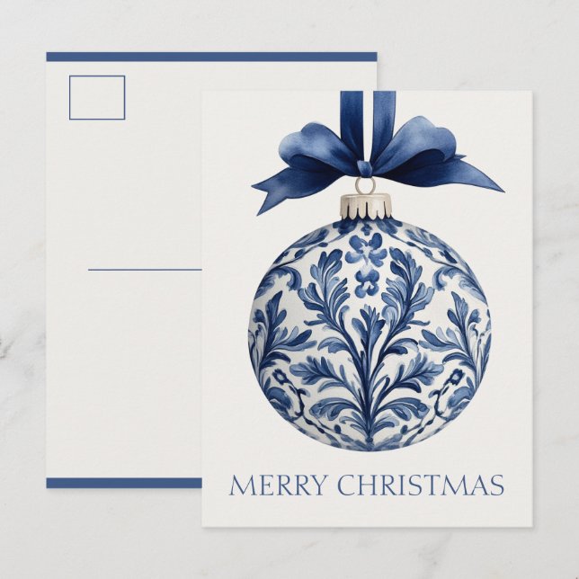 Navy Blue and White Chinoiserie Christmas Ornament Postcard (Front/Back)