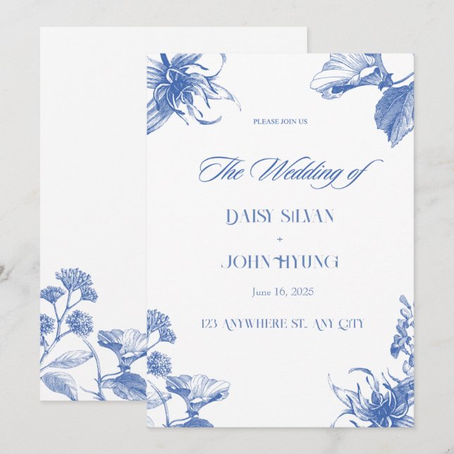 Navy Blue and White Chinoiserie Wedding Invitation (Front/Back)
