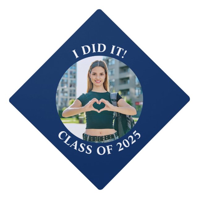 Navy Blue and White Circle School Photo Graduation Cap Topper (Front)
