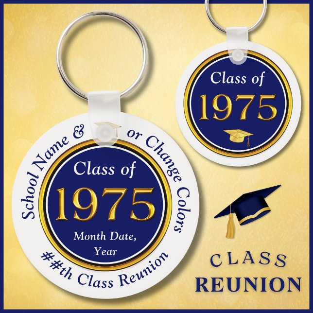 Navy Blue and White, Class of 1975 Reunion, Favors Keychain (Navy Blue and Gold, Class of 75 Reunion. 50th high school reunion. Cheap 50th class reunion favors.)