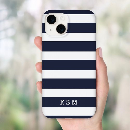 Navy Blue and White Classic Stripes Monogram Case_Mate iPhone 14 Case