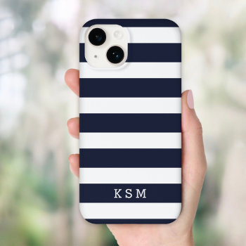 Navy Blue And White Classic Stripes Monogram Case-mate Iphone 14 Case by jenniferstuartdesign at Zazzle