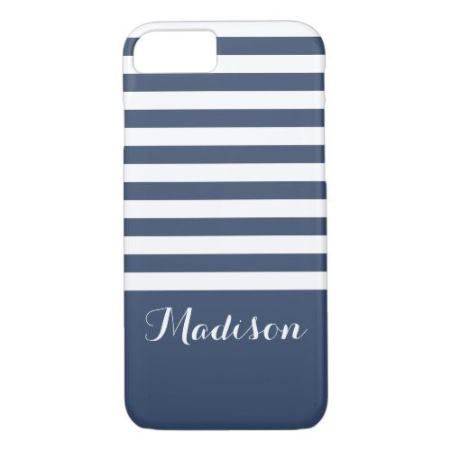 Navy Blue and White Classic Stripes Monogram iPhone 87 Case