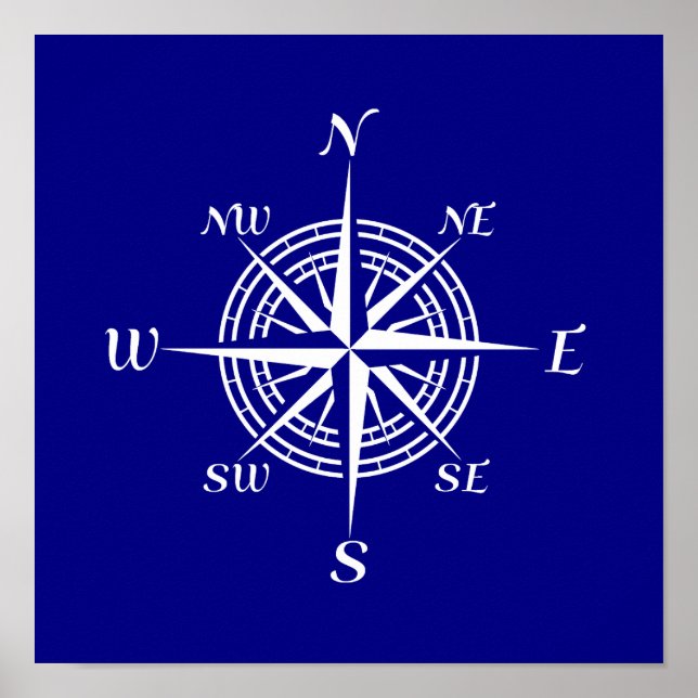 Navy Blue And White Coastal Decor Compass Rose (Front)